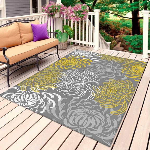Yellow Gray Floral Outdoor Rug for Patio/Deck/Porch, Non-Slip Large Area Rug 6 x 9 Ft, Farmhouse Retro Abstract Flowers Art Indoor Outdoor Rugs Washable Area Rugs, Camping Rug Carpet Runner