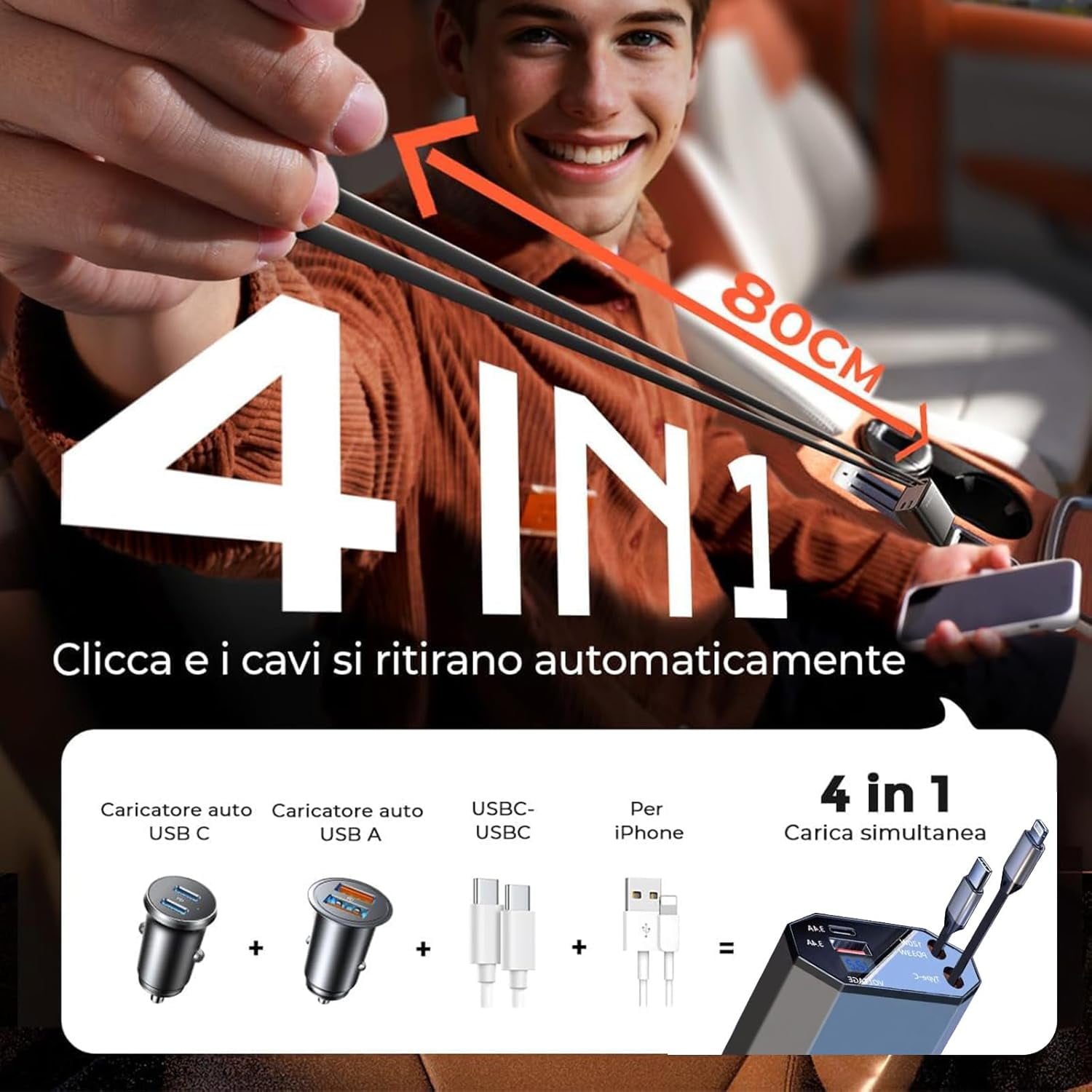 Ibksdj Retractable Car Charger, 120W 4-in-1 PD33W and QC3.0 Ultra Fast Charging car Phone Charger, with 2.6ft Fast Charging Cable, Suitable for iPhone 17，16, 15, 14, 13, 12 Pro Max