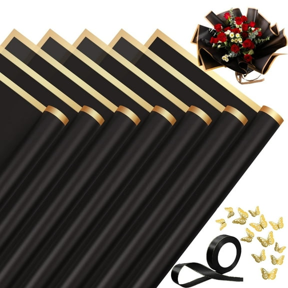 Lefiocky 20 Flower Wrapping Paper Sheet with 12 Pcs 3D Gold Butterflies and Ribbon Set