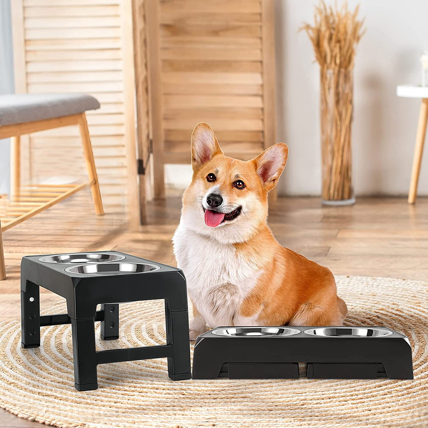 Elevated Dog Feeder Bowls Stand with 2 Stainless Steel Dishes, Raised Dog Bowl Adjusts to 4 Heights for Medium and Large Dogs or Cats（Black）