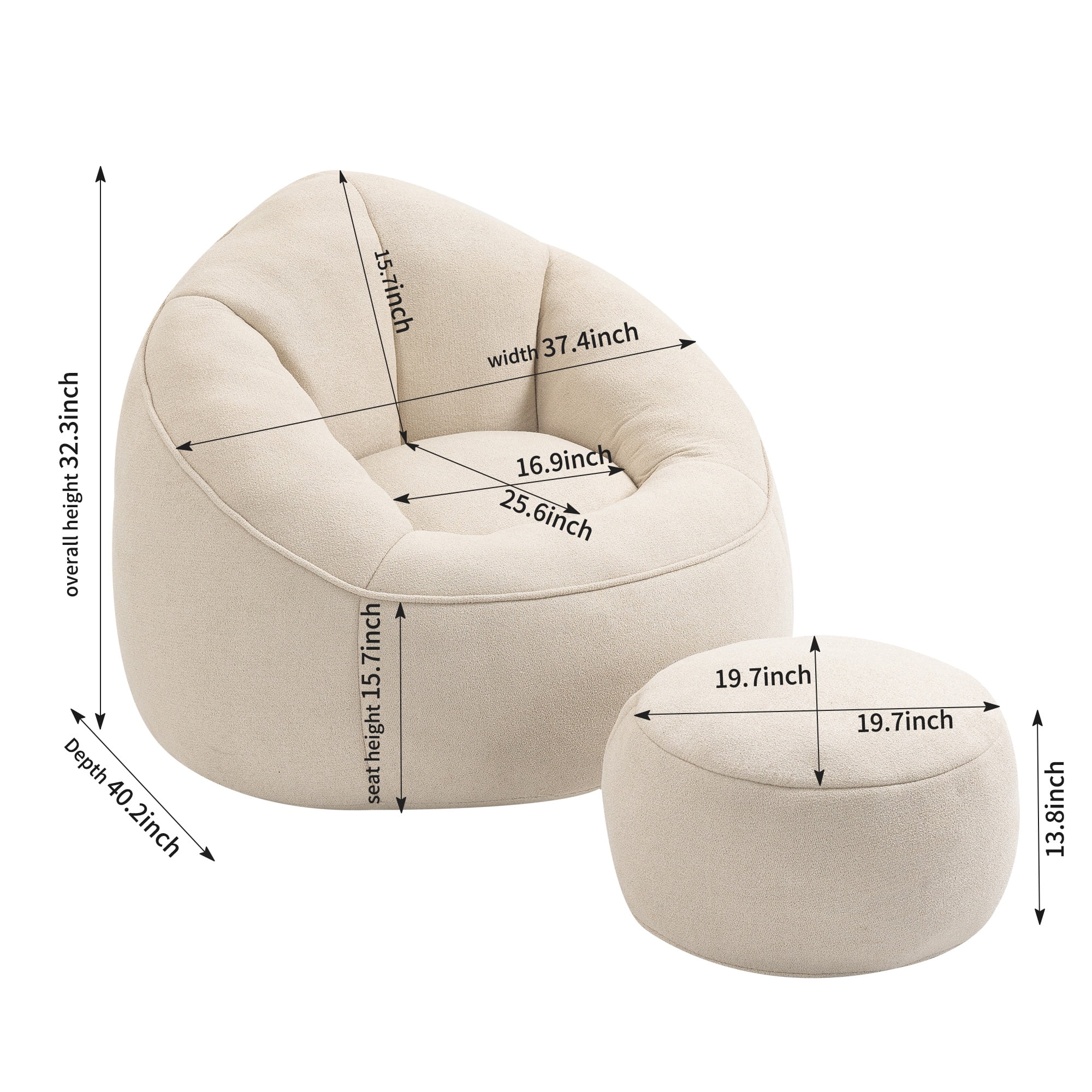 PORKISS Oversized Bean Bag Chair with Ottoman, Memory Foam Super Soft Lazy Couch for Adults Teens Kids, Microfiber Beige