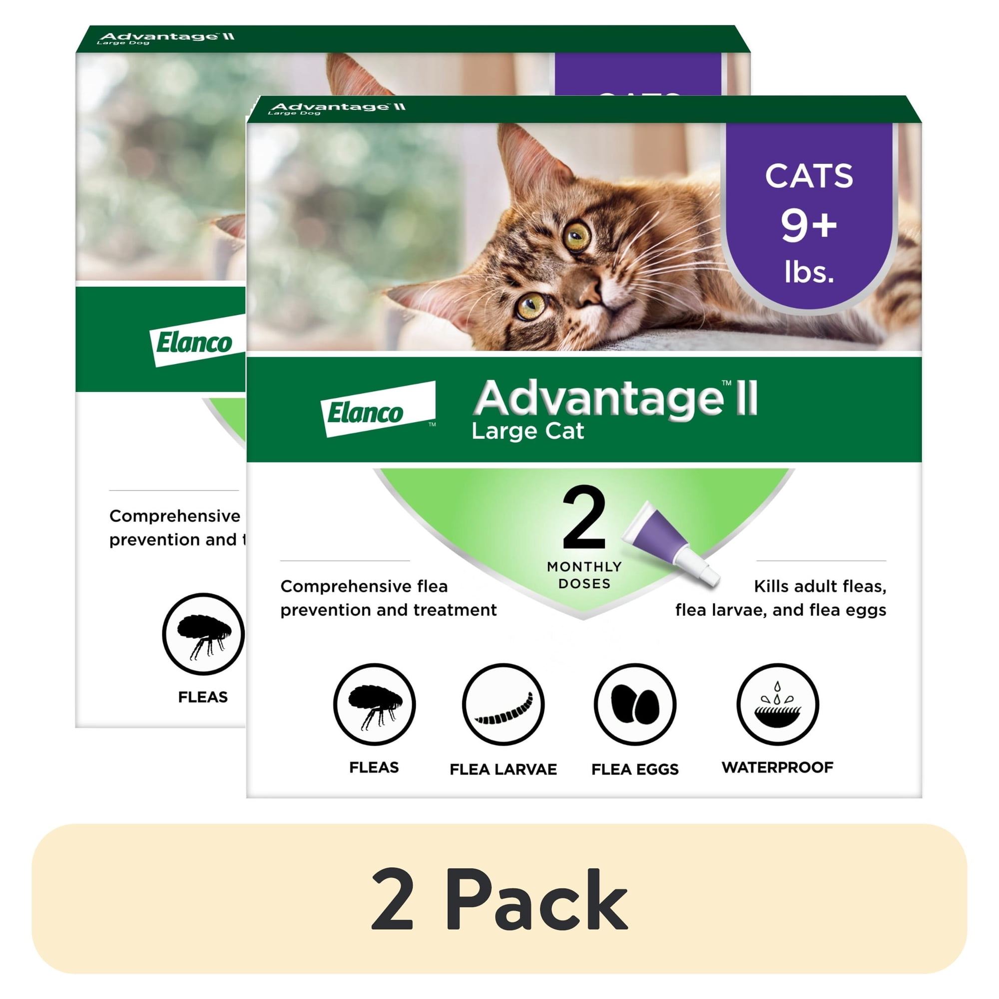 (2 pack) Advantage II Vet-Recommended Flea Prevention for Large Cats 9 lbs+, 2-Monthly Treatments