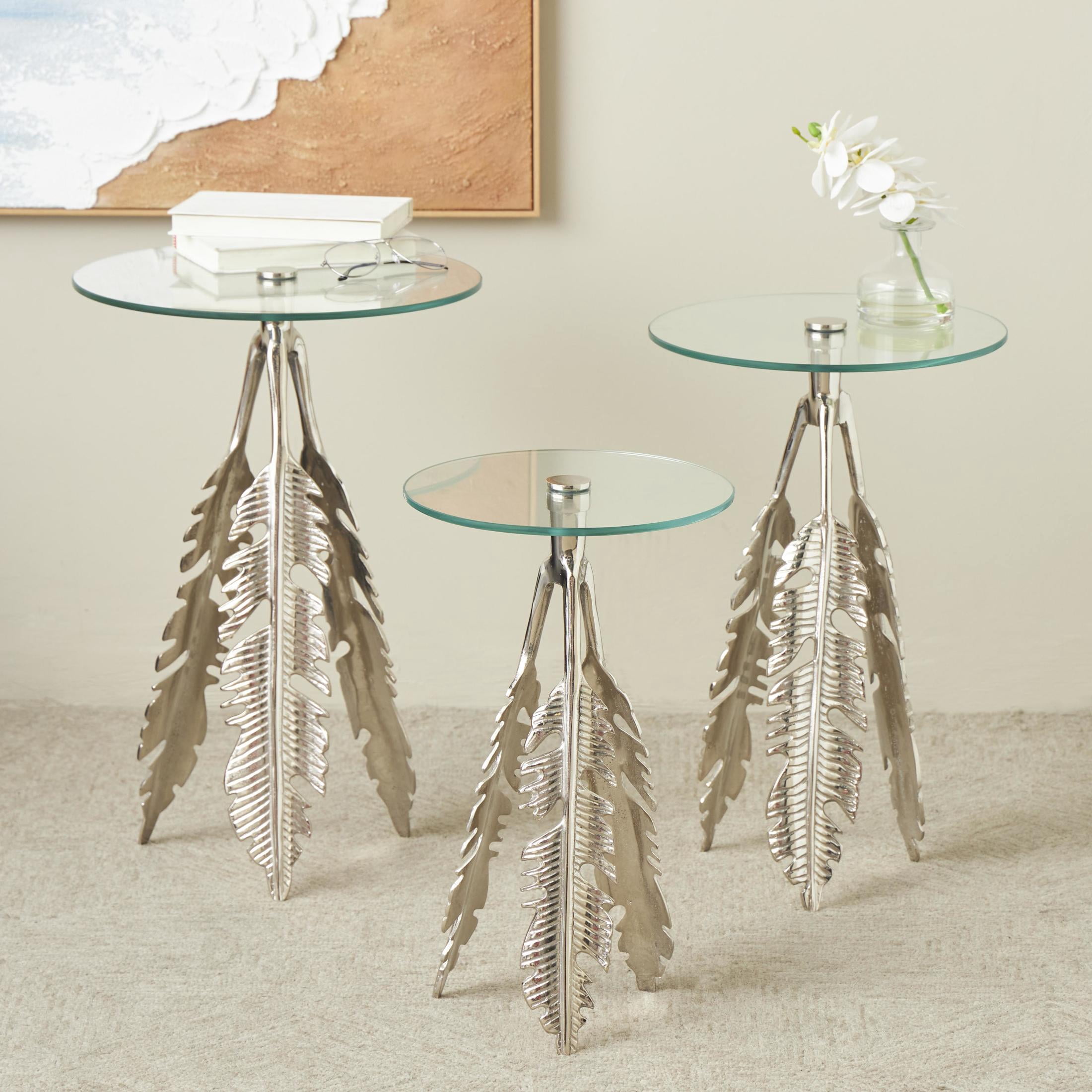 DecMode 16" x 24" Silver Aluminum Metal Leaf Accent Table with Tripod Legs and Tempered Glass Top, 3-Pieces