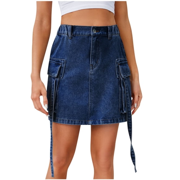 Mrat Pencil Skirt Women's Elastic Waist Stretch Slim Fitting Pocket Denim Short Skirt Half Jean Skirts Cargo Mini Skirts S-62 Dark Blue XXL
