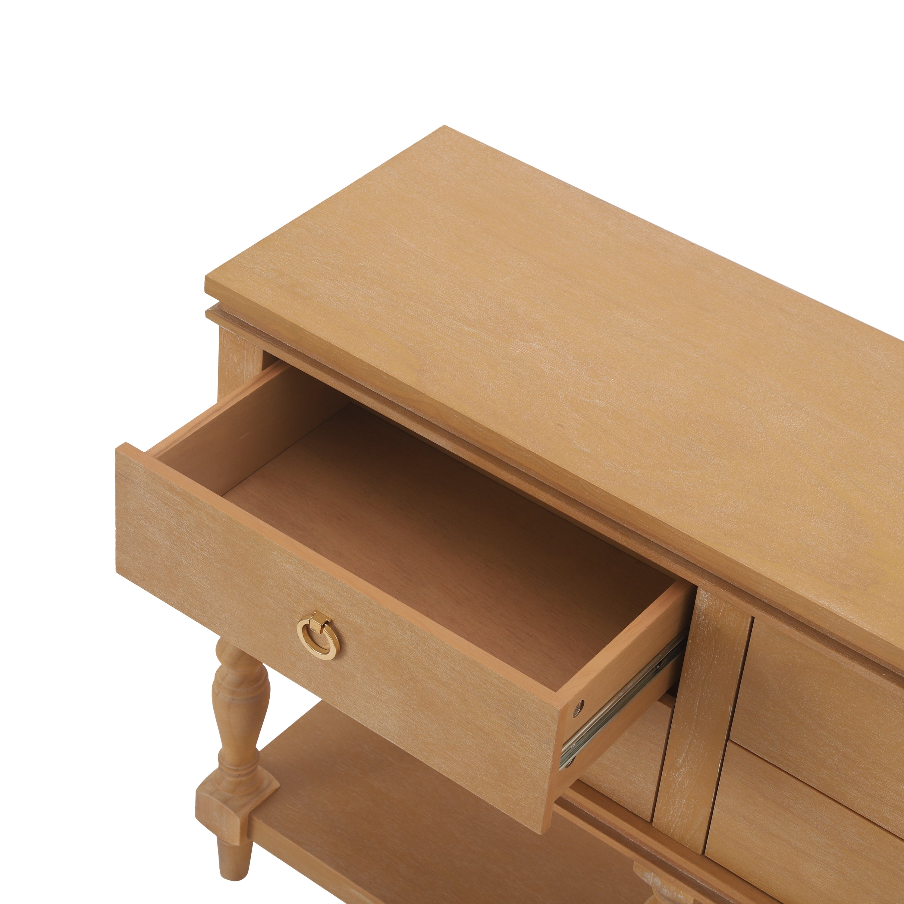 Euroco Retro Console Table with 4 Drawers, Solid Wood Entryway Table with Classic Turned Legs & Bottom Shelf, Sofa Table Behind Couch for Living Room,Hallway,Natural