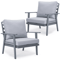 LeisureMod Walbrooke Mid-Century Modern Outdoor Armchair with Grey Powder Coated Aluminum Frame and Removable Cushions for Patio, Balcony, and Backyard, Set of 2 Light Grey