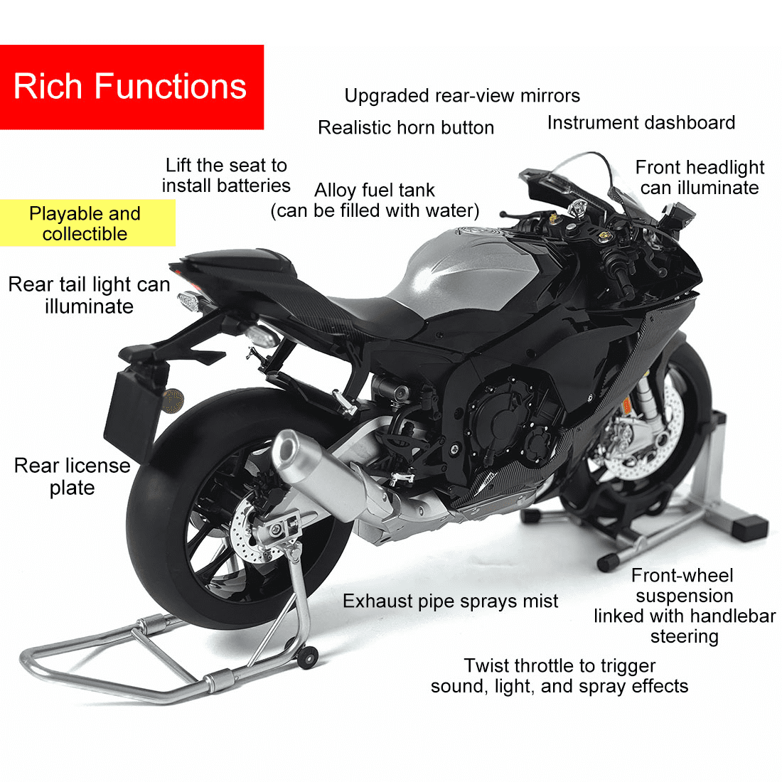 1/6 Scale R1M Alloy Dynamic RC Motorcycle Model, Realistic Simulation Sports RC Dirt Bike with Ignition Sound, Exhaust Smoke Effects & Light-Up Functions for Enthusiasts