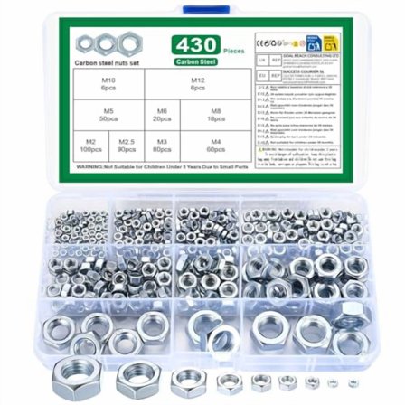 Metric Hex Nuts Assortment Kit, 430 Pcs Stainless Steel Hex Nuts Set, Hex Hardware Nuts, Coarse Thread Hexagon Nuts for Screw Bolts, M2 M2.5 M3 M4 M5 M6 M8 M10 M12