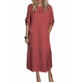 thumbnail image 2 of Womens Loose Fit Casual Solid Color Short Sleeve Linen Blend Midi Dress Summer Wine Red M, 2 of 7
