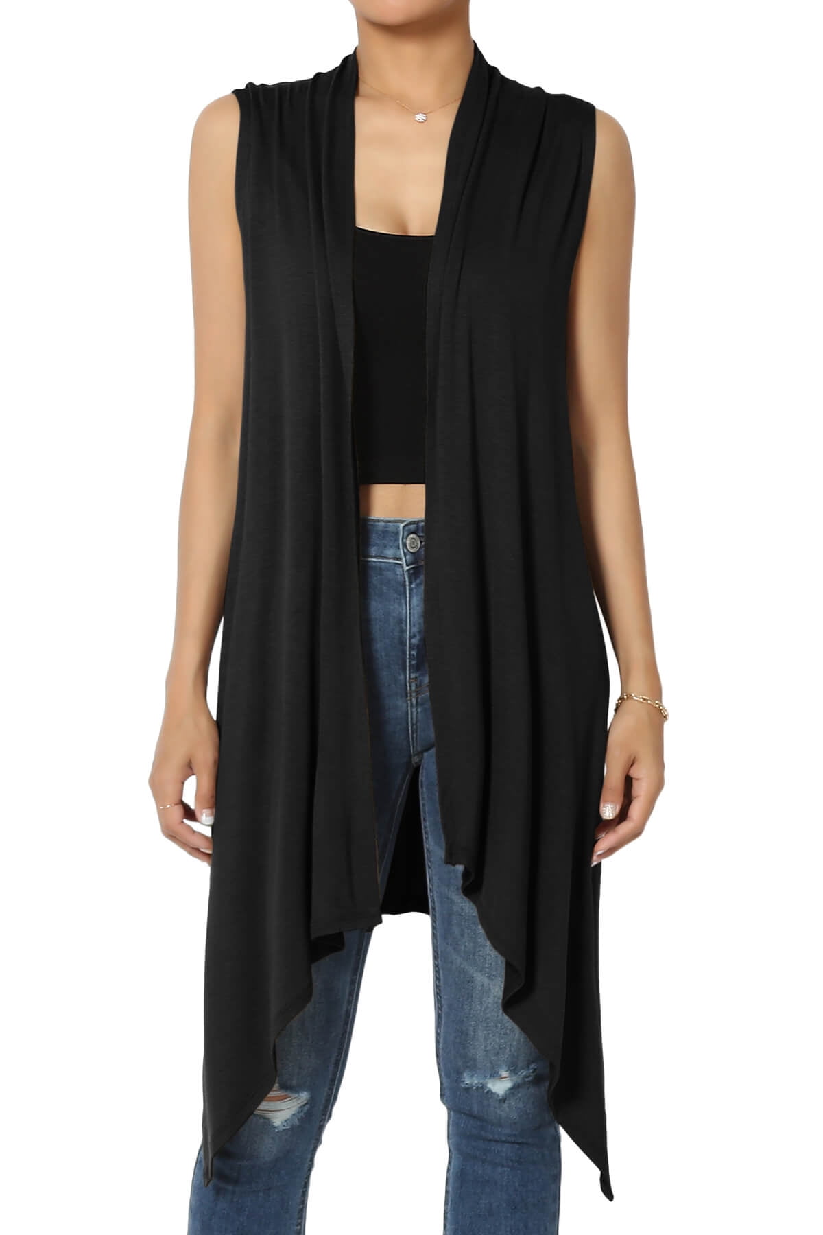 Women's Draped Jersey Open Front Sleeveless Cardigan Waterfall ...