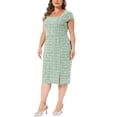 thumbnail image 4 of Agnes Orinda Women's Plus Size Tweed Dress Sheath Vintage Square Neck Cap Sleeve Side Split Work Midi Pencil Dresses with Zipper 3X Green, 4 of 6