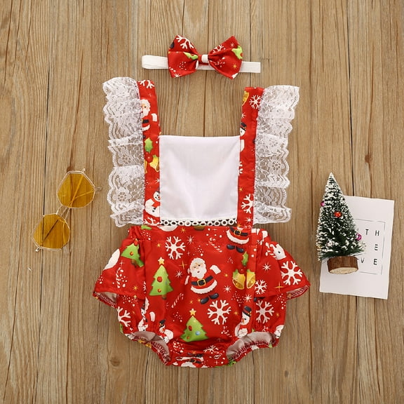 Herrnalise Newborn Baby Girls Christmas Suspender Dress Romper Bodysuit Hairband Set Clearance