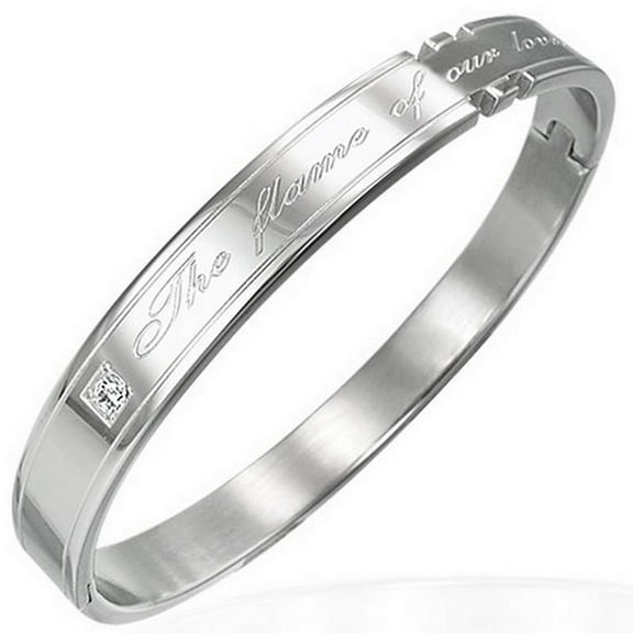 Stainless Steel Silver-Tone White CZ Flame of Our Love Unisex Bangle Bracelet