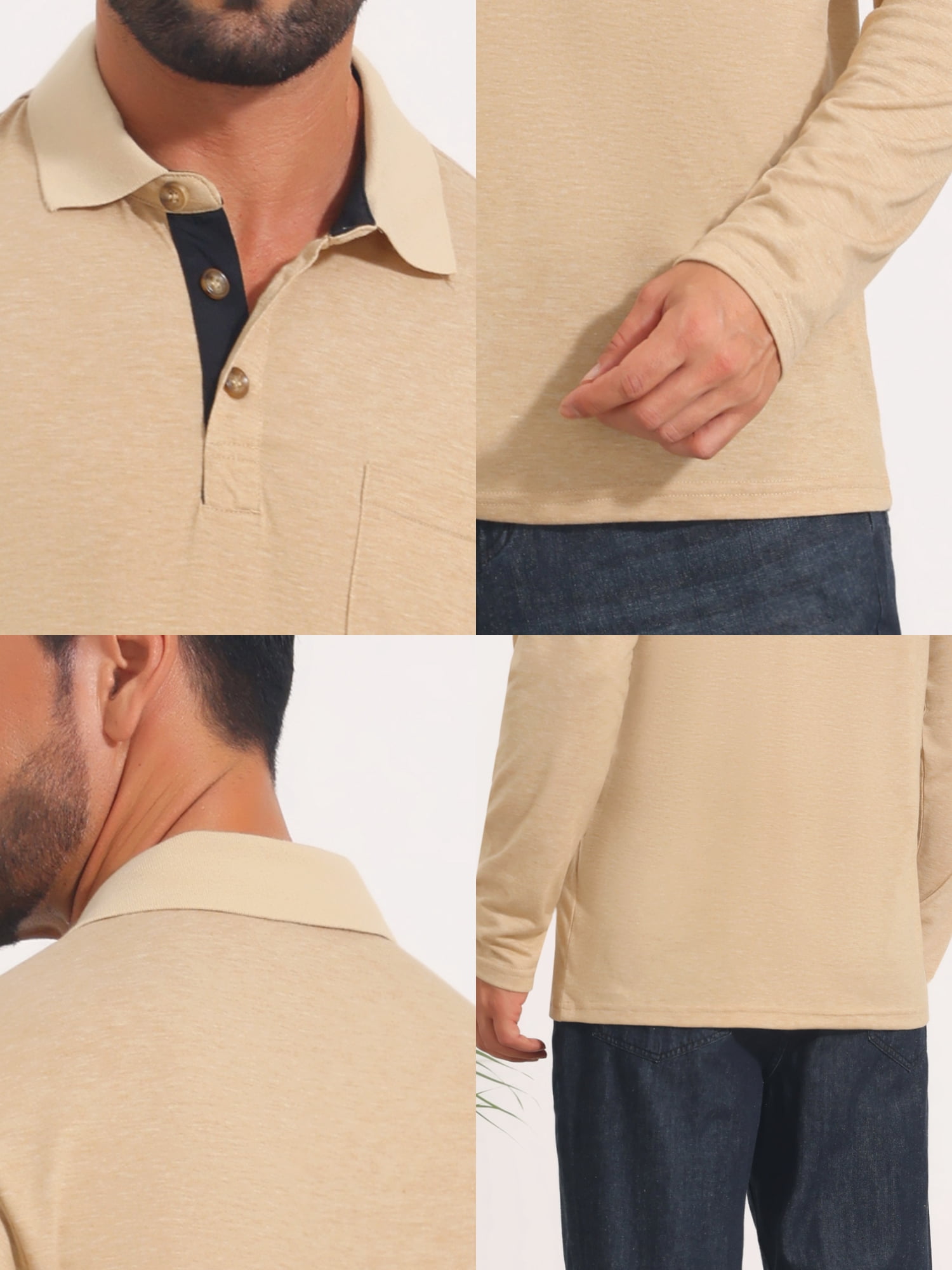 DARING DIVA Men's Contrast Button Collared Long Sleeves Golf Polo T-Shirts L Beige