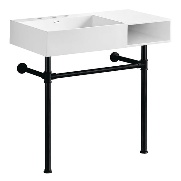 Kingston Brass KVPB3368SQA80 Aurelius 36-Inch Solid Surface Console Sink with Stainless Steel Legs (8-Inch, 3-Hole) in Matte White/Matte Black