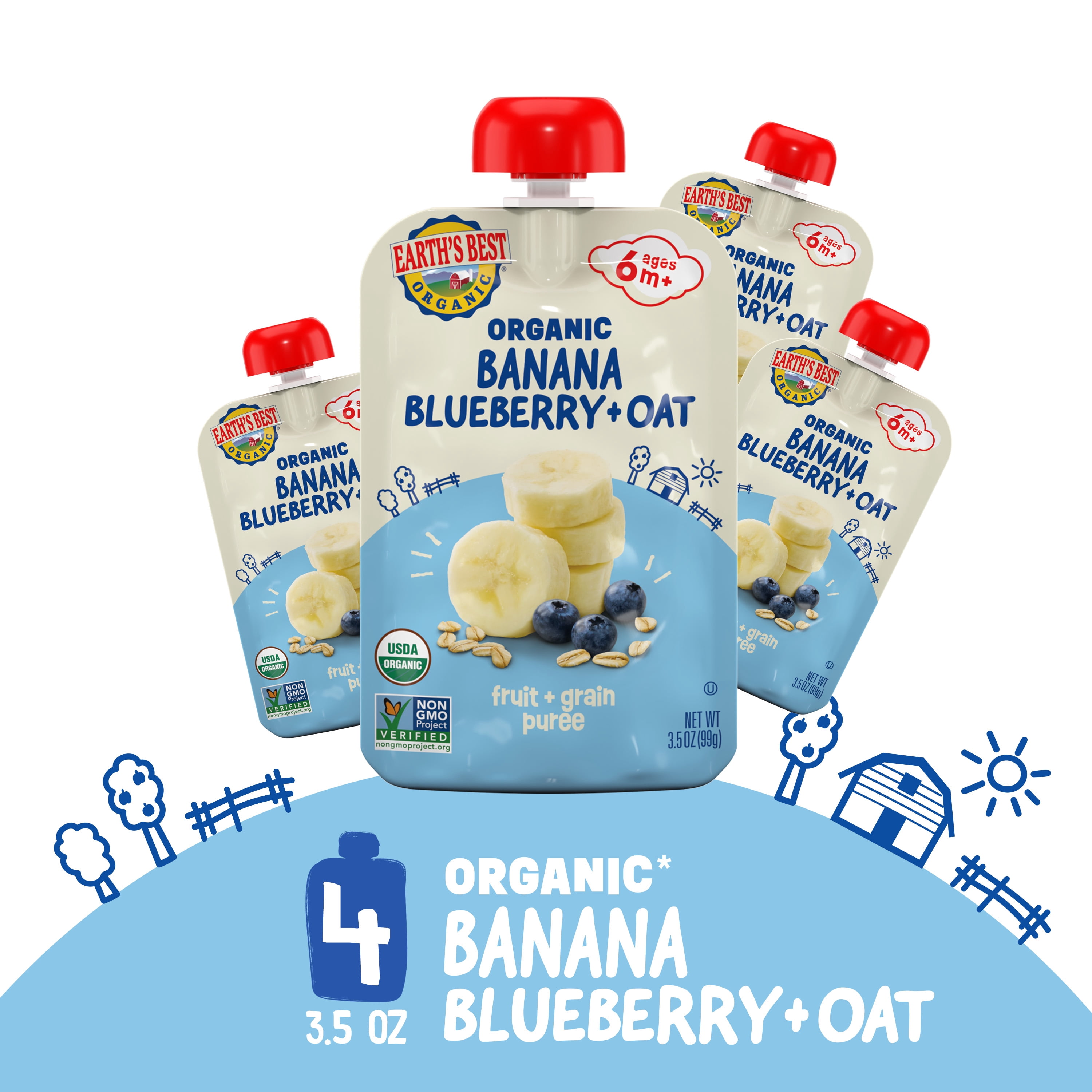 (2 pack) Earth's Best Organic Stage 2 Baby Food, Banana Blueberry Oat Puree, 3.5 oz Pouches (4 Pack)
