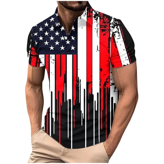 Plcasen Mens American Flag Print Golf Polo Shirt Patriotic Raglan Sleeve Tees