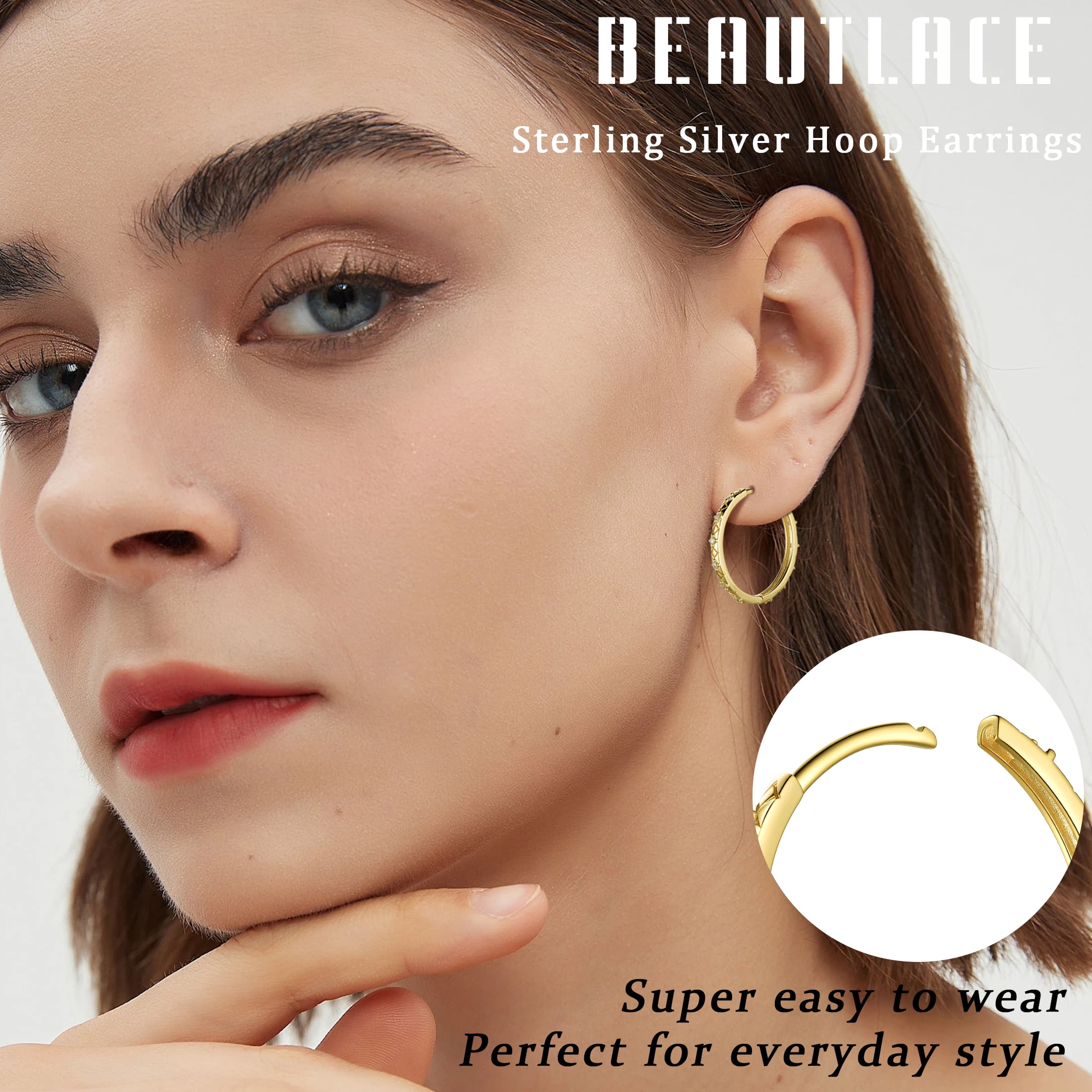 Beautlace 14K Gold over 925 Sterling Silver Hoop Earrings for Women, 24mm Filigree Design with 5A Cubic Zirconia Earrings Hoops Christmas Birthday Jewelry Gift for Her
