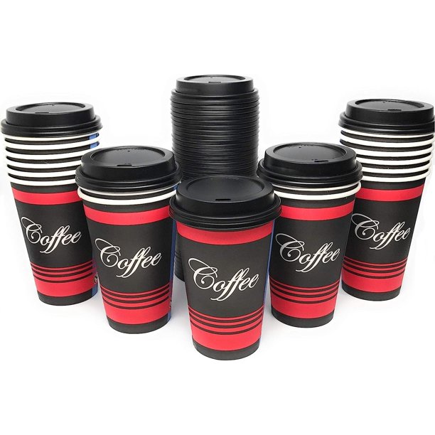 Restaurant Grade 12 Oz Paper Coffee Cups with Black Dome Lids 100