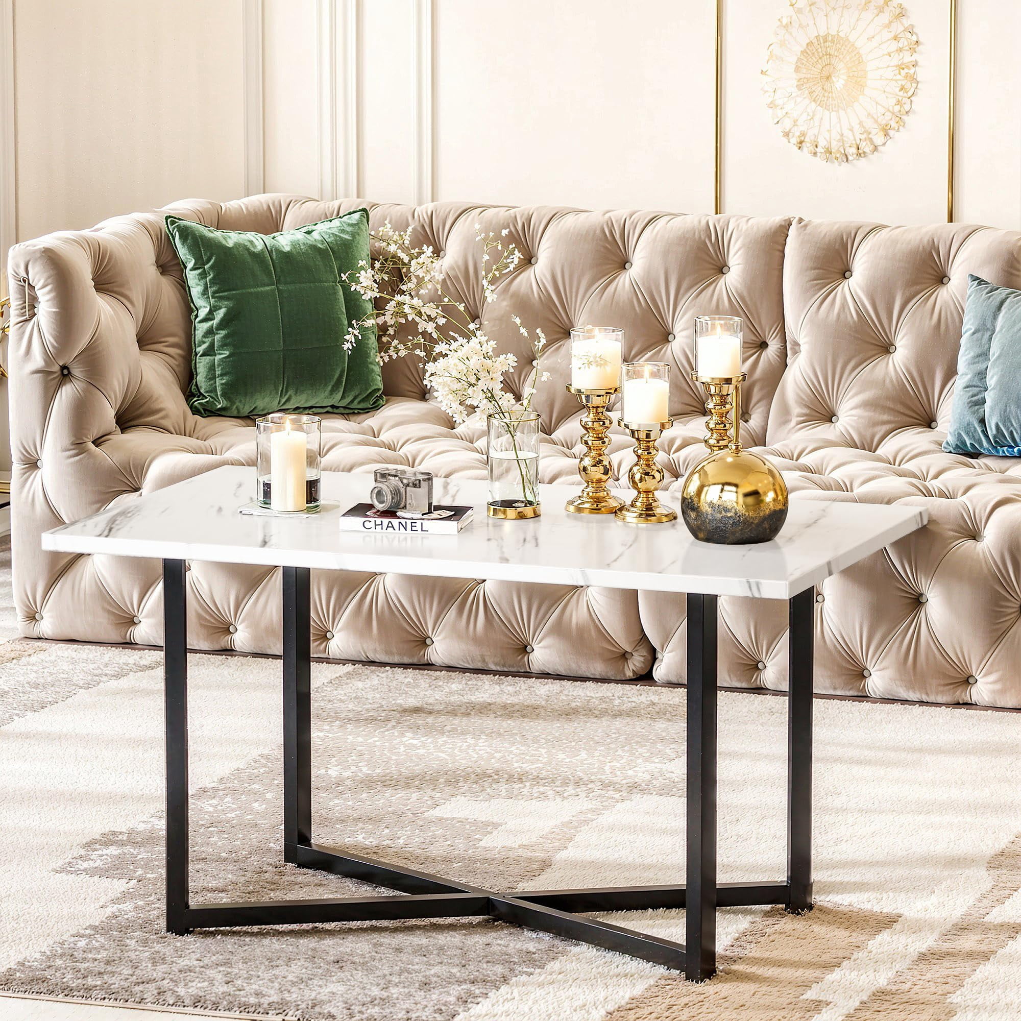 MOOSENG Coffee Table Set of 3, Industrial Faux Marble Rectangle Coffee Table with 2 Square End Side Tables, Easy Assembly Living Room Table Set for Offices, Living Rooms and Apartments, White