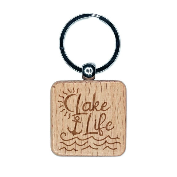 Lake Life with Anchor Square Keychain Charm Tag - Engraved Wood