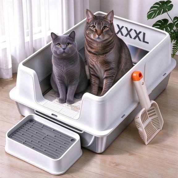 XXXL Stainless Steel Cat Litter Box with Enclosure, Extra Large Metal Litter Box for Big Cats & Multi-Cat, Low Entry, High-Sided Anti-Urine Leakage, Non-Stick, White, Includes Litter Ramp & Scoop