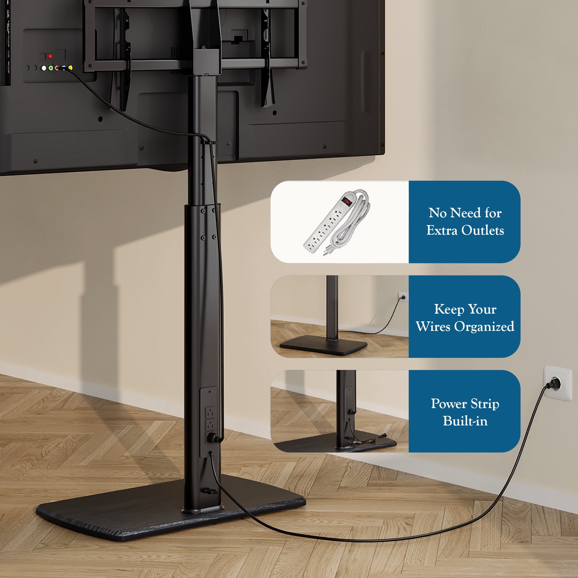 FITUEYES Modern Black Swivel Floor TV Stand for TVs up to 70 inch Metal Base with Power Strip Mount