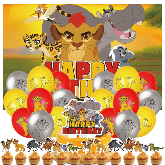 32 Pcs For Lion Guard Theme Birthday Party Decorations,With 5*3ft Birthday Backdrop Decorations,18 Balloons,13 Cupcake Toppers for decorative supplies set