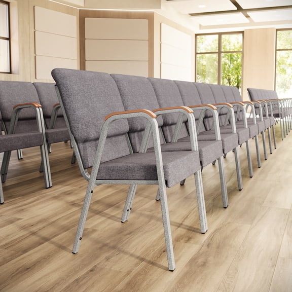 Flash Furniture HERCULES Series 21"W Stacking Wood Accent Arm Church Chair in Gray Fabric - Silver Vein Frame