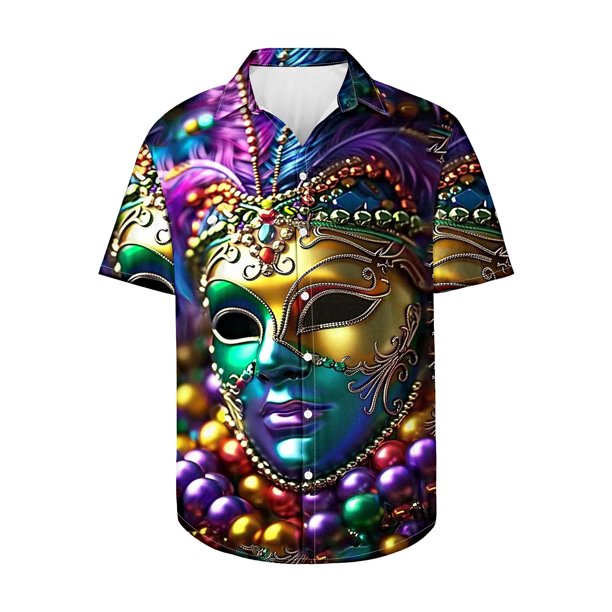 Camisas de Manga Larga para Hombres, Mardi Gras Imprimir Botón Solapa Camisa Casual, Fiesta Superior