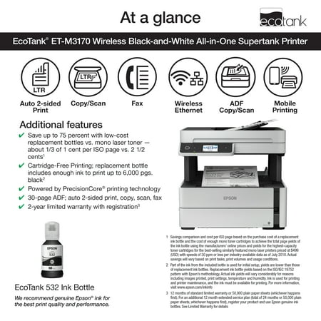 Epson - EcoTank ET-M3170 Wireless Monochrome All-in-One SuperTank Printer - White