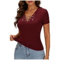 thumbnail image 3 of hotojiny Going out Tops for Women V Neck Lace up Trendy Outfit Slim Fit Fashion Short Sleeve Summer Clothes S-2XL, 3 of 7