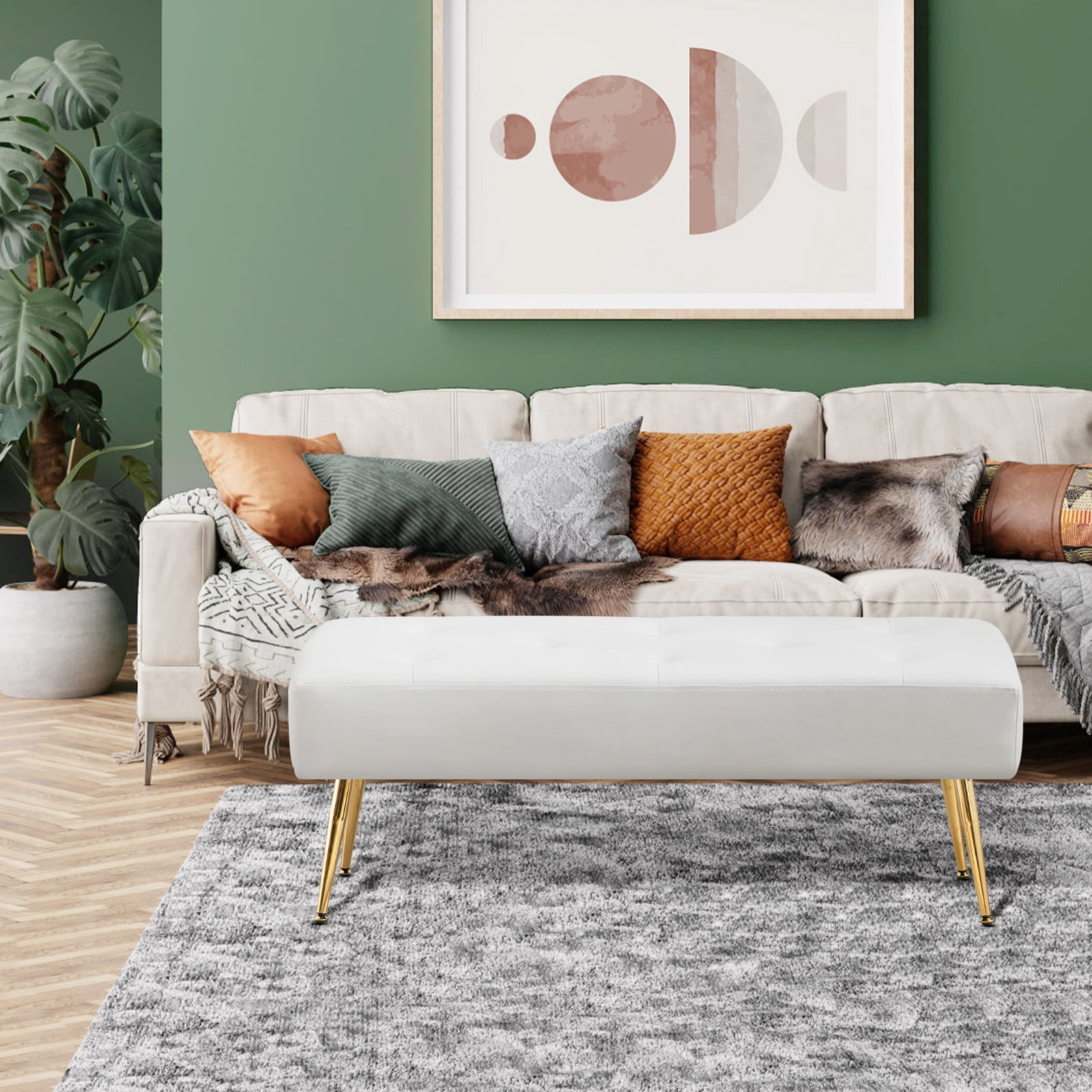 Furniliving  PU Ottoman Bench Modern Mudroom Bench Shoe Bench Upholstered Bedroom Bench,Ivory White