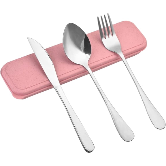 MOAMUN Travel Silverware Set with Case - Portable Reusable Utensils - Spoon, Knife, Fork Lunch Box Cutlery (Pink)