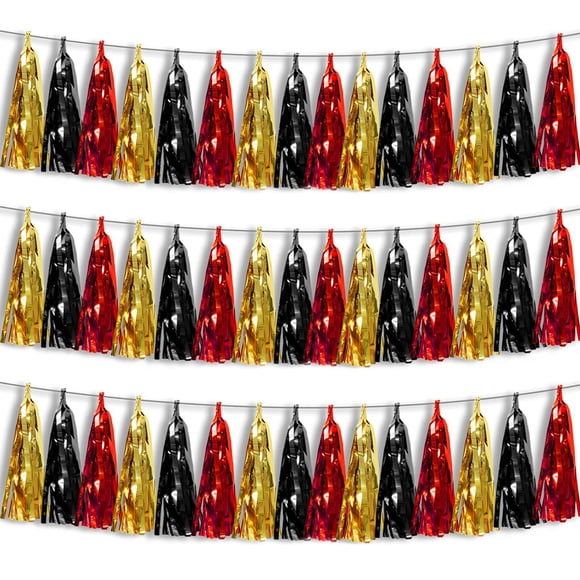 Guirnalda de borlas Hysilla con flecos laminados en negro y rojo, 9 m