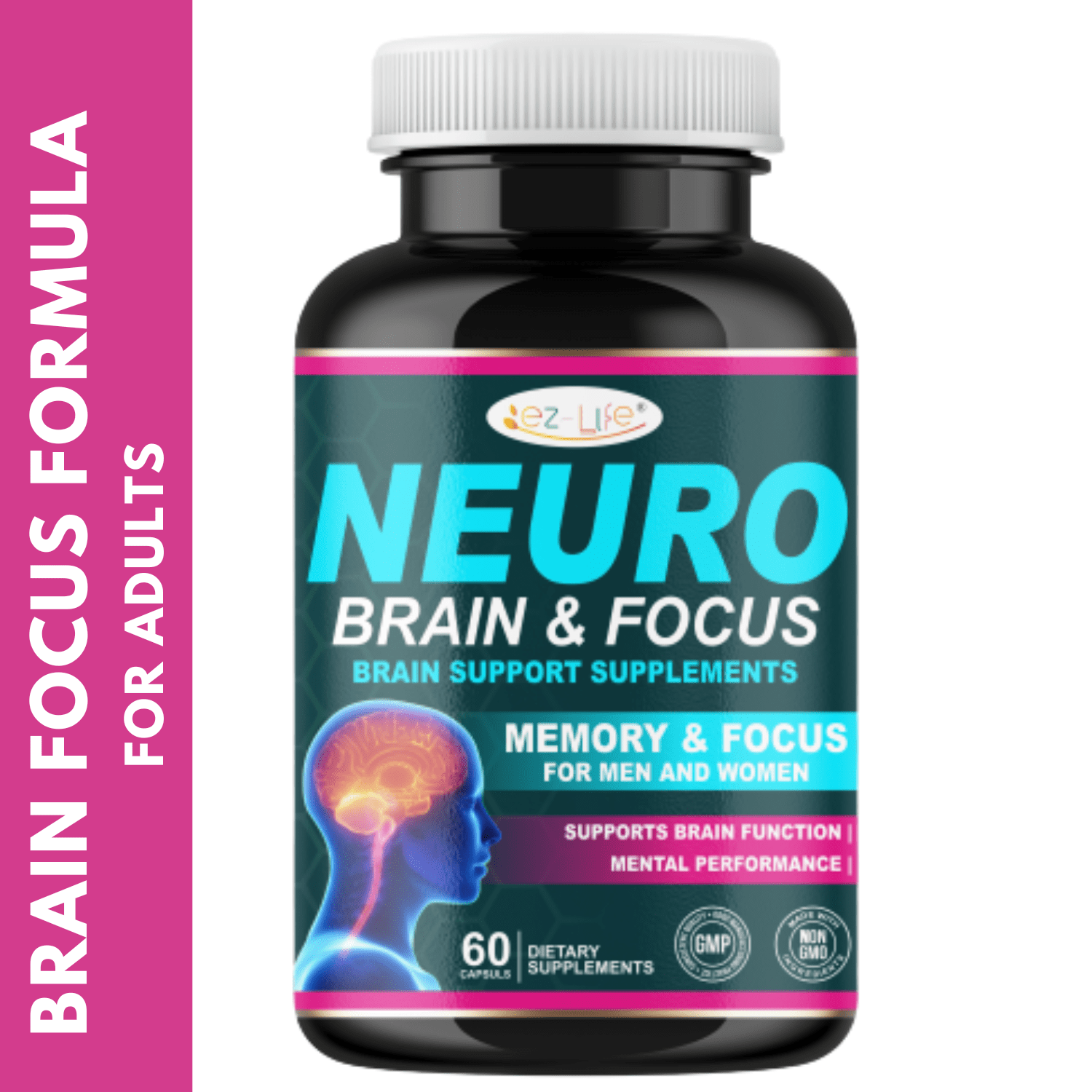 Brain Supplement, 60 Count, for Men & Women - Caffeine-Free Focus Capsules for Concentration, Brain & Memory Support