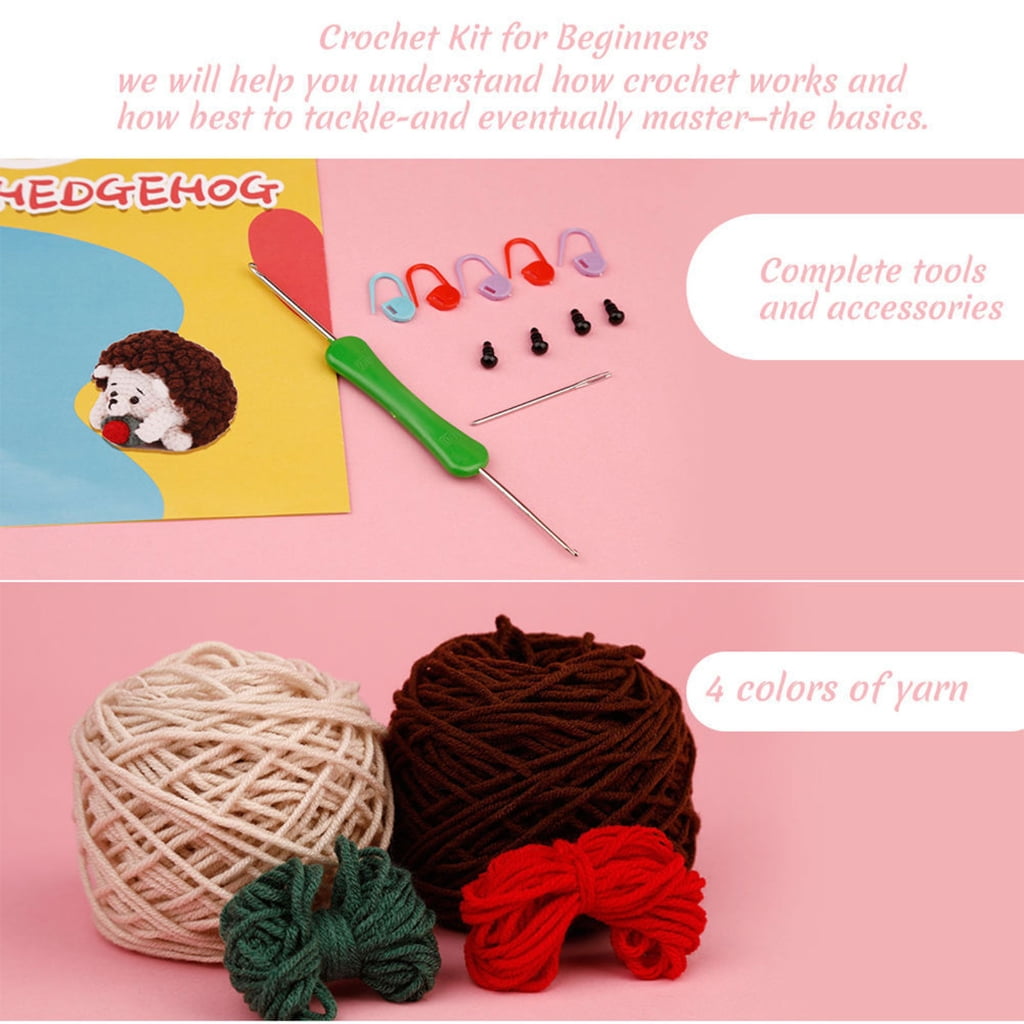 2 Sets Beginners Crochet Kits, Crochet Hedgehog with Yarn, Crochet Hooks, Instructions DIY Crochet Craft Starter Kits