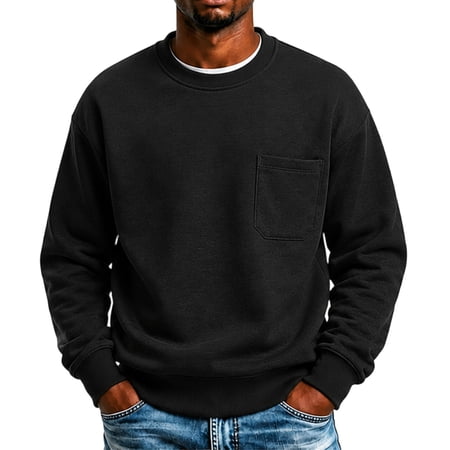 Men s Sweatshirt Crew Neck Long Sleeve Solid with Chest Pocket Warm Cozy Comfortable Everyday Pullover Basic Top for Fall Winter Everyday Wear and Weekend Outings Black XL