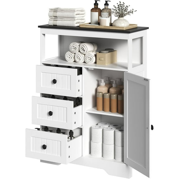 Jeskie 28.3" Bathroom Storage Cabinet, Large Floor Cabinet, Freestanding Bathroom Storage Unit, 1 Cupboard and 3 Drawers, Adjustable Shelf, 28.3" L x 11.8" W x 37.8" H, White and Black
