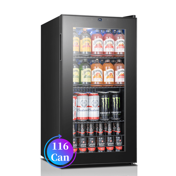 Yeego 116 Cans Beverage Refrigerator, Freestanding Beverage Cooler with Glass Door for Home/Office/Bar, Black