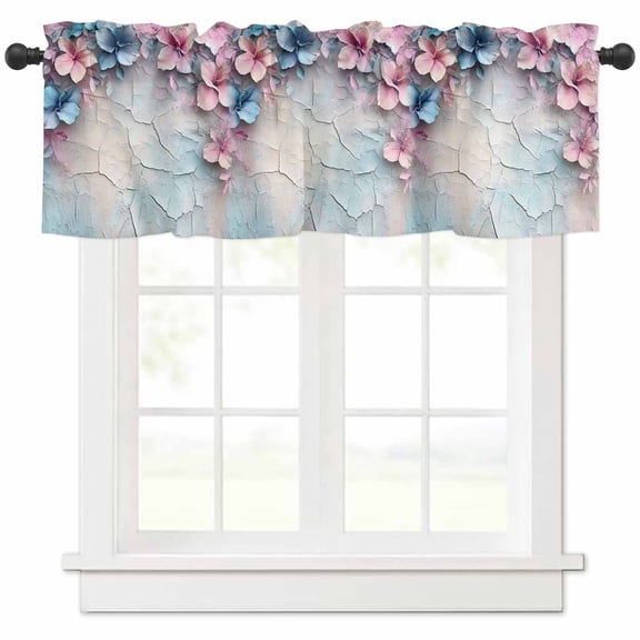 Hokiten Rod Pocket Curtain Valance, Pink Blue Flower Farmhouse Window Valance for Living Room, Bedroom, Kitchen Retro Mottled Walls Pastoral Country 42"W x 12"L