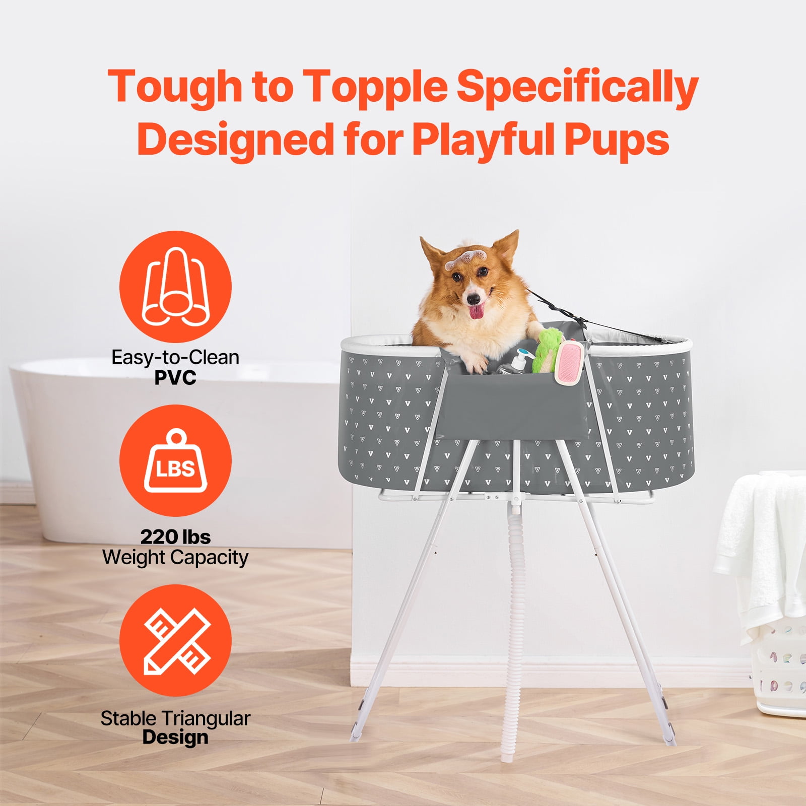 KFFKFF Portable Elevated Dog Bathtub, Foldable Pet Shower Station with Quick Drainage, Bathing Tub for Grooming Small to Medium Dogs and Cats Indoors or Outdoors, Grey
