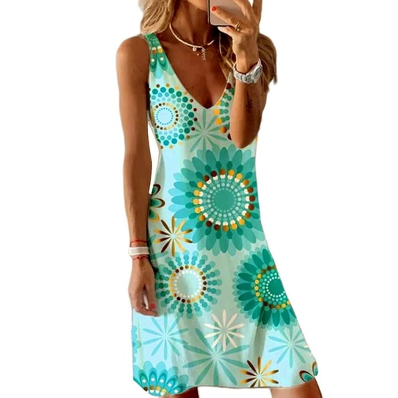 DYMADE Womens Summer Vocation Casual Sleeveless V-Neck Print Casual Sundress Tank Dress