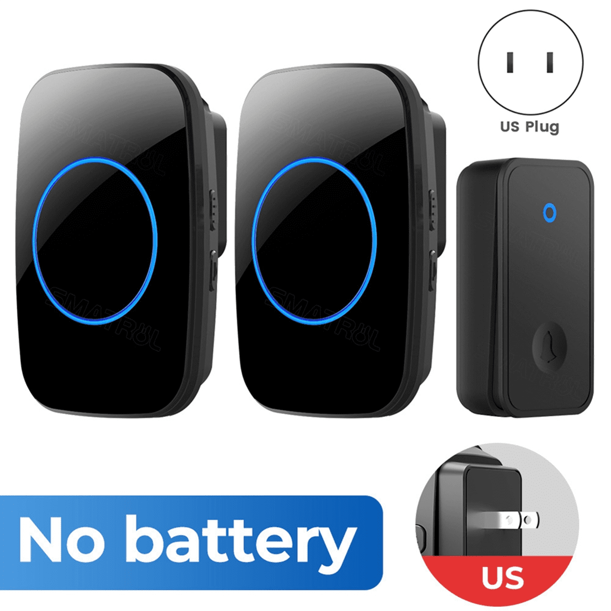 Self Powered Wireless DoorBell No Battery Waterproof Door Bell for Kids Elderly Caller 1 Button 2 Receiver US PLUG