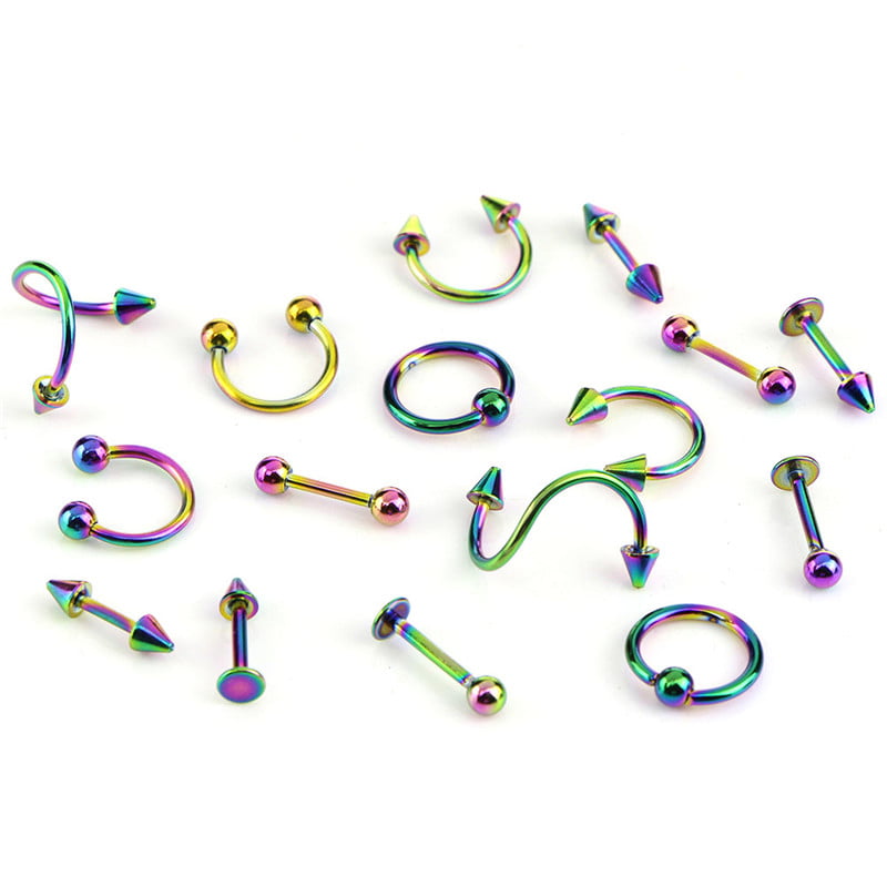 16PCS/Set StainlessSteel Spiral Belly Tongue Bar Ring Eyebrow Piercing Jewelr W0