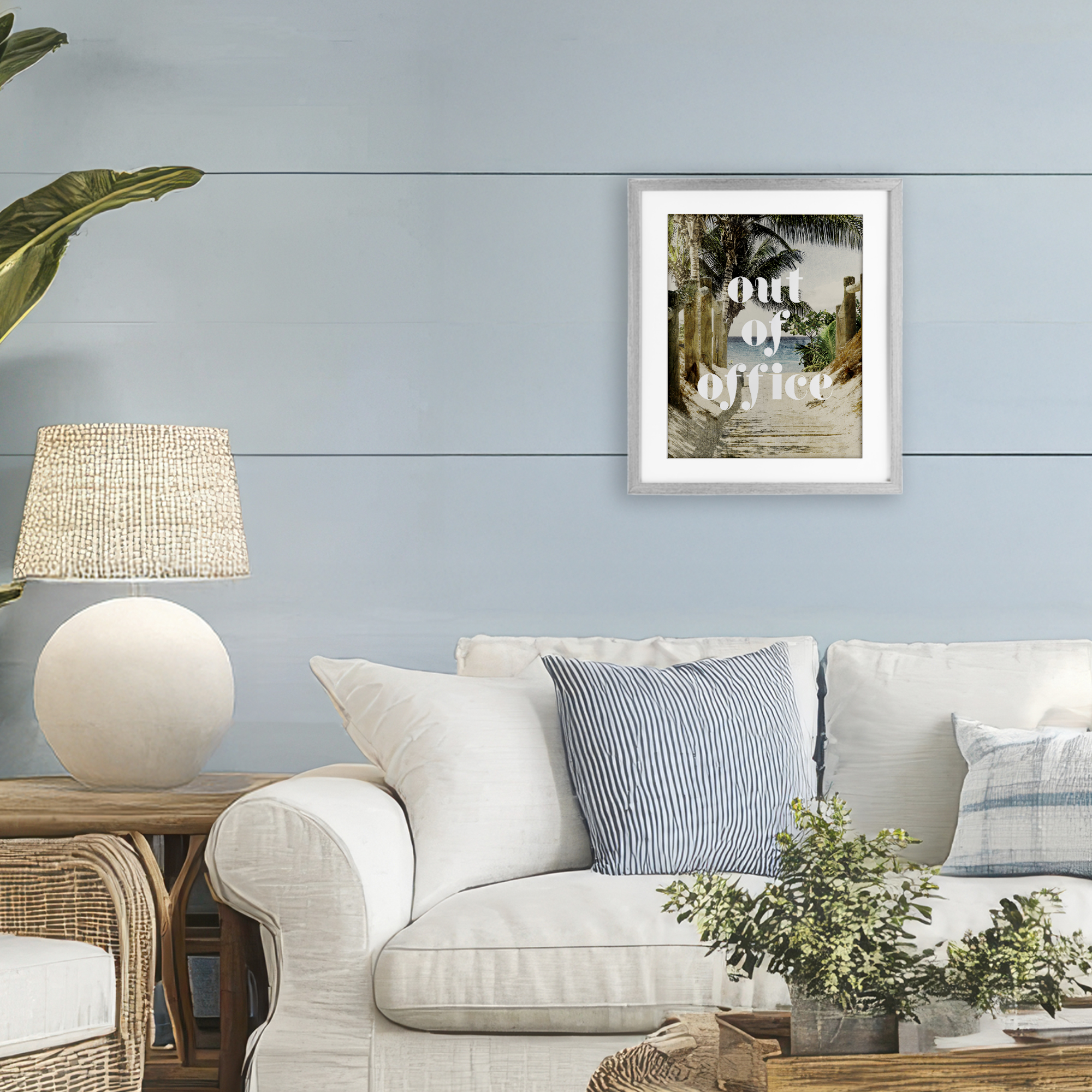 Out of Office Beach Path Gray Framed Print Under Glass, design by Lil' Rue