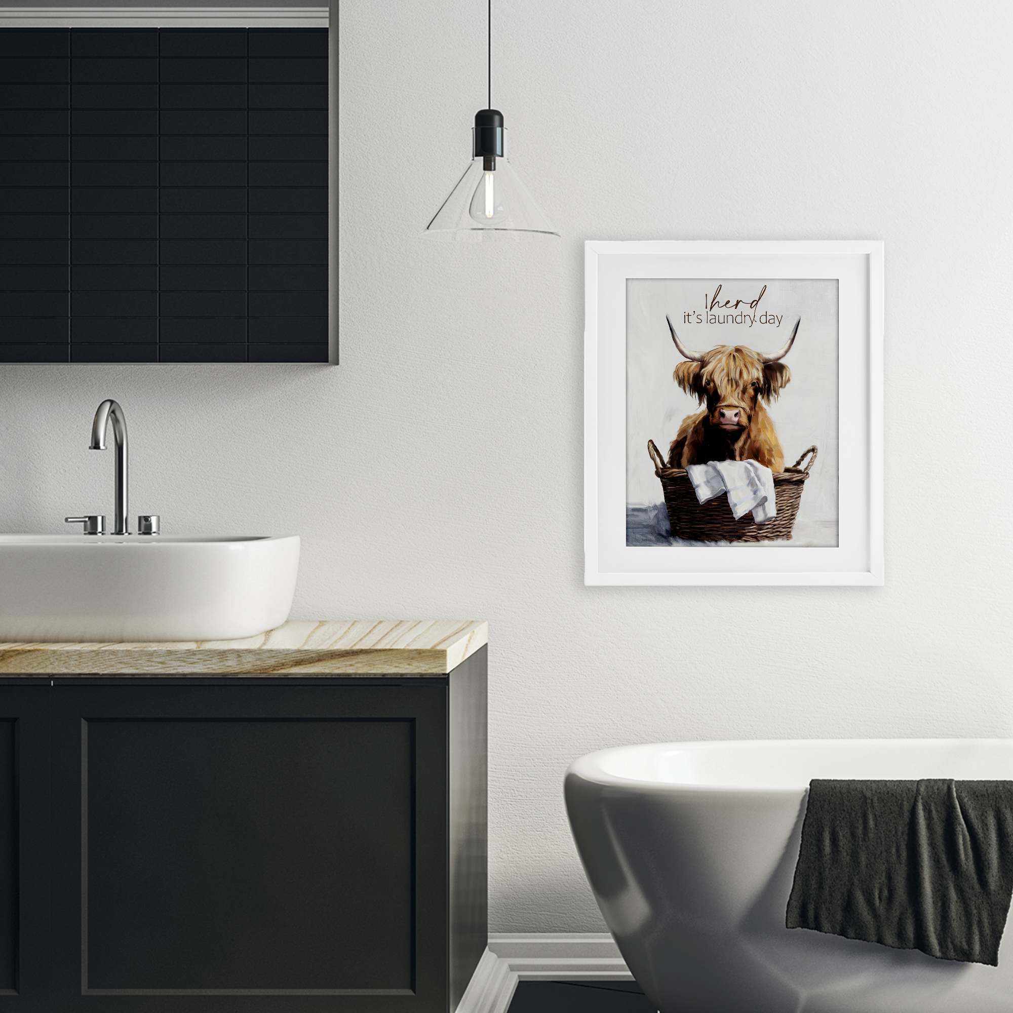 Herd It's Laundry Day White Framed Print Under Glass, design by Kim Allen