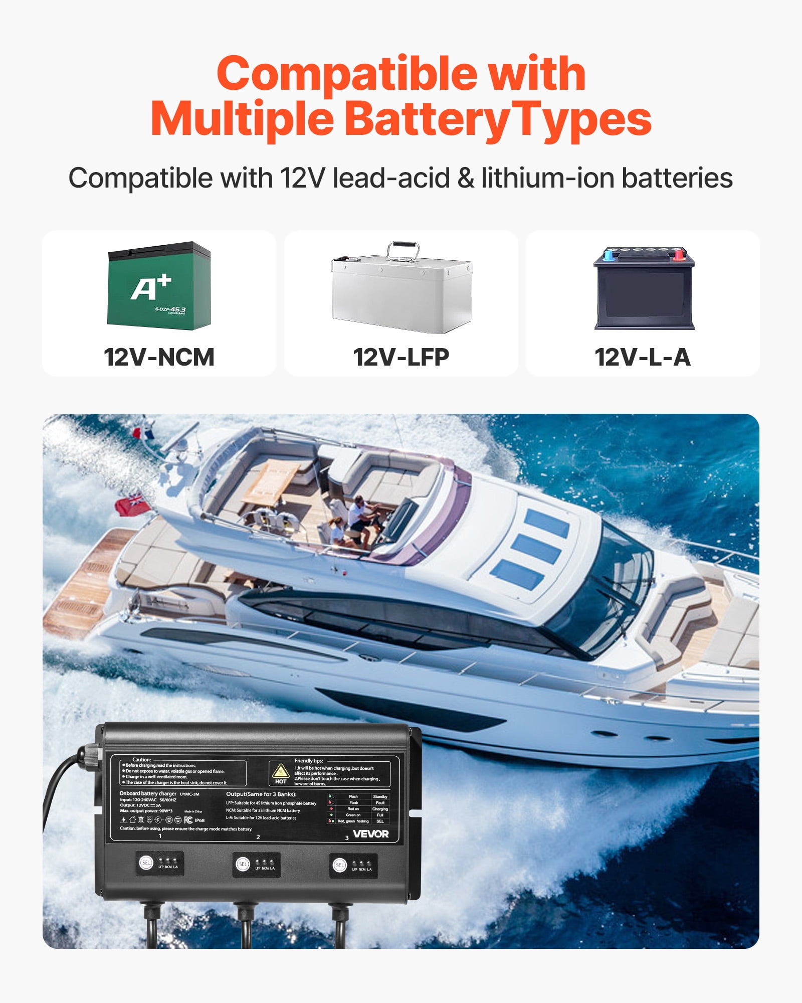 VEVOR Marine Battery Charger, 3-Bank, 5A 12V Onboard Boat Charger, IP68 Waterproof Smart On-Board Battery Charger, for Lithium-Ion (LiFePO4), NCM, Lead-Acid Batteries, Large Boat,Yacht,RV,Trailer