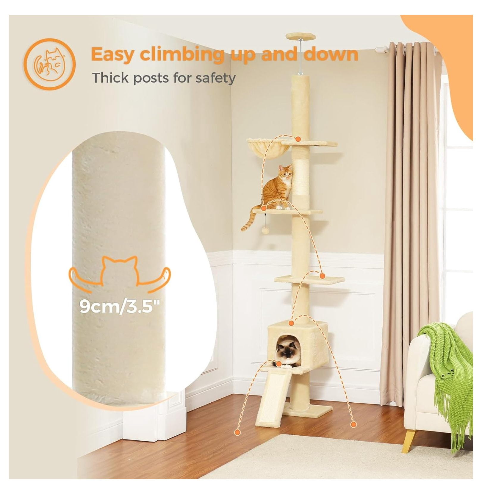 Floor to Ceiling Cat Tree, Tall Cat Tower Adjustable 83''-108'' 5 Level Indoor Cat Climbing Tree with Condo & Hammock, Scratching Post, Beige