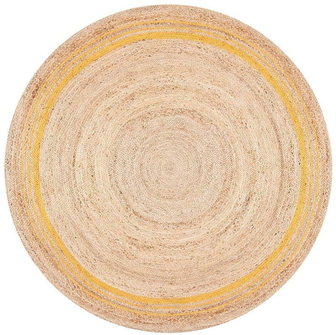 Natural Jute Rug Hand Braided Round Area Rug Handmade Rug for Home Decor (5 Feet Round (60x60 Inches), Beige + Yellow Line)